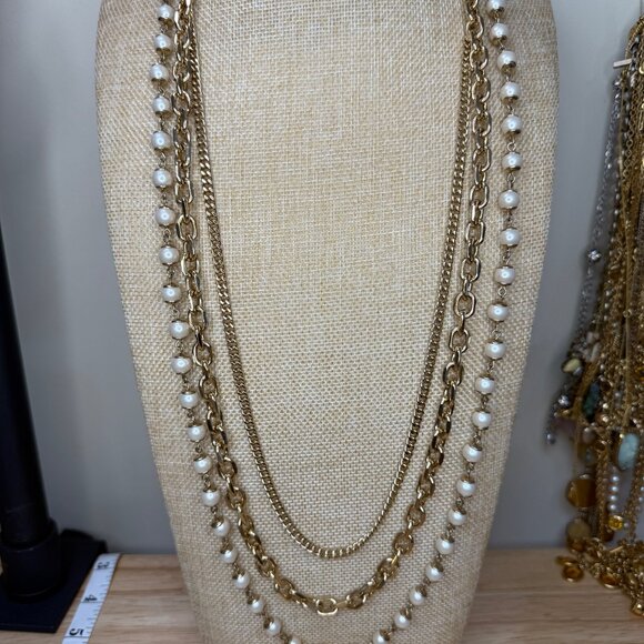 Ann Taylor Long Layered Gold-Tone Necklace With Faux Pearl Accents - Picture 4 of 15